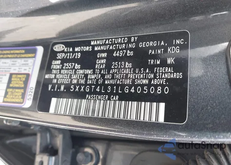 2020 Kia Optima S z USA, uszkodzony, nr VIN 5XXGT4L31LG405080